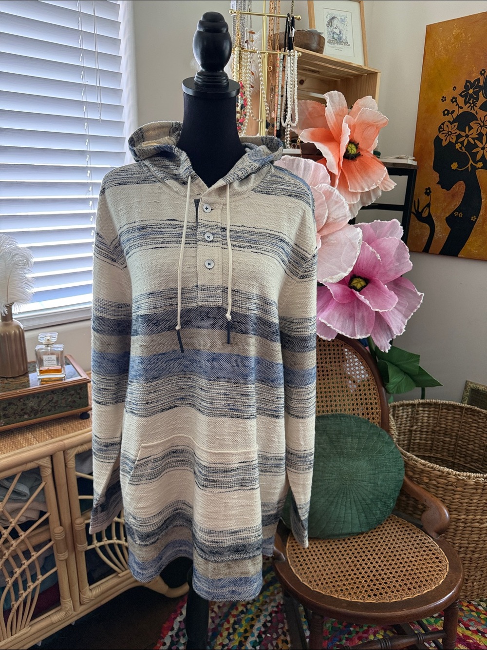 Tommy Bahama Blue Cream Striped Cotton Pullover Beach Coastal Baja Hoodie